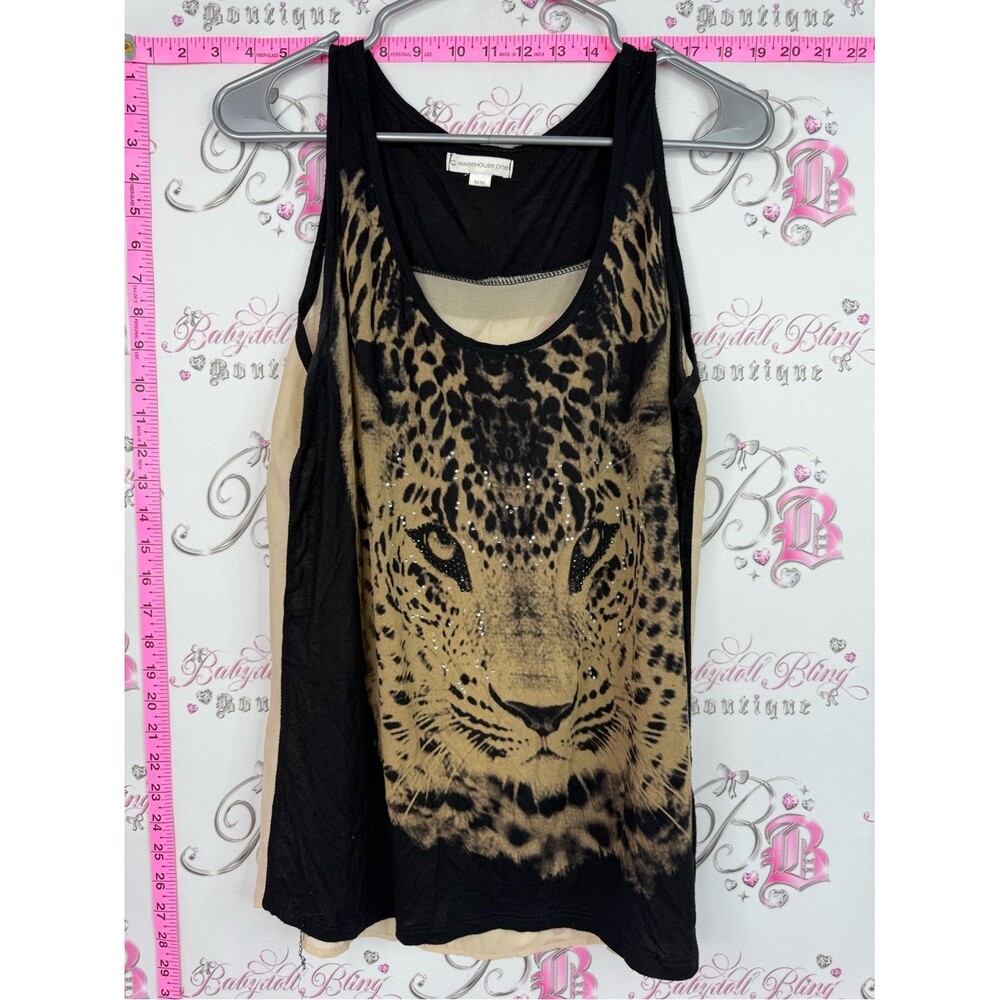 Warehouse one tank top rhinestone Leopard Face Tank Top — Black and Tan